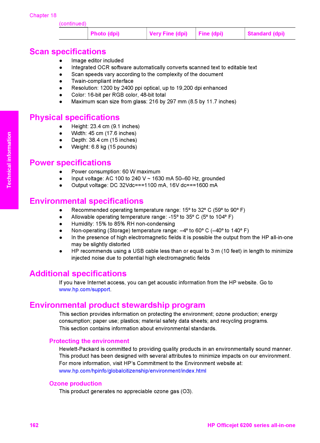 HP 6200 manual Scan specifications, Protecting the environment Ozone production 