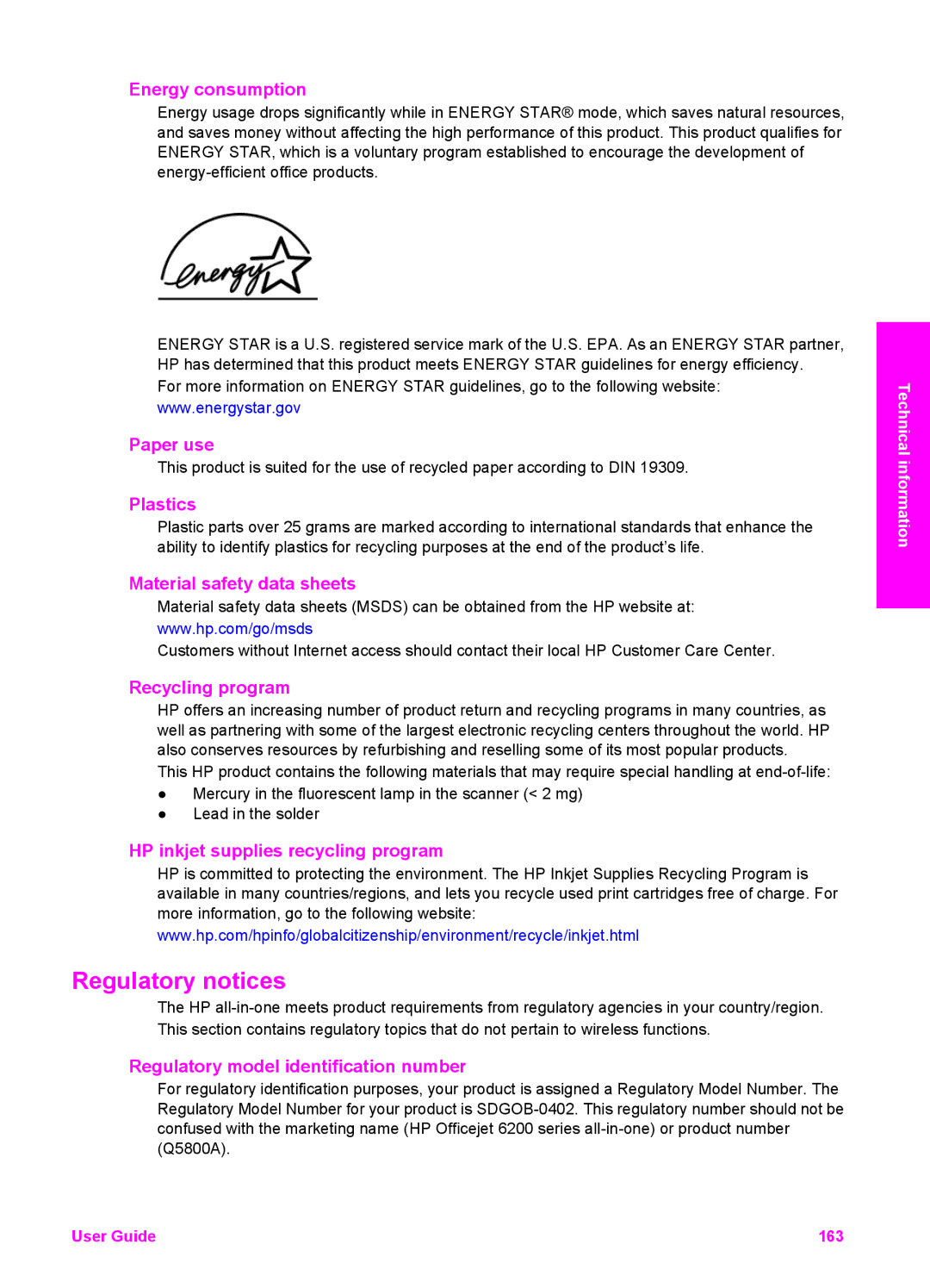 HP 6200 manual Energy consumption, Paper use, Plastics, Material safety data sheets, Recycling program 