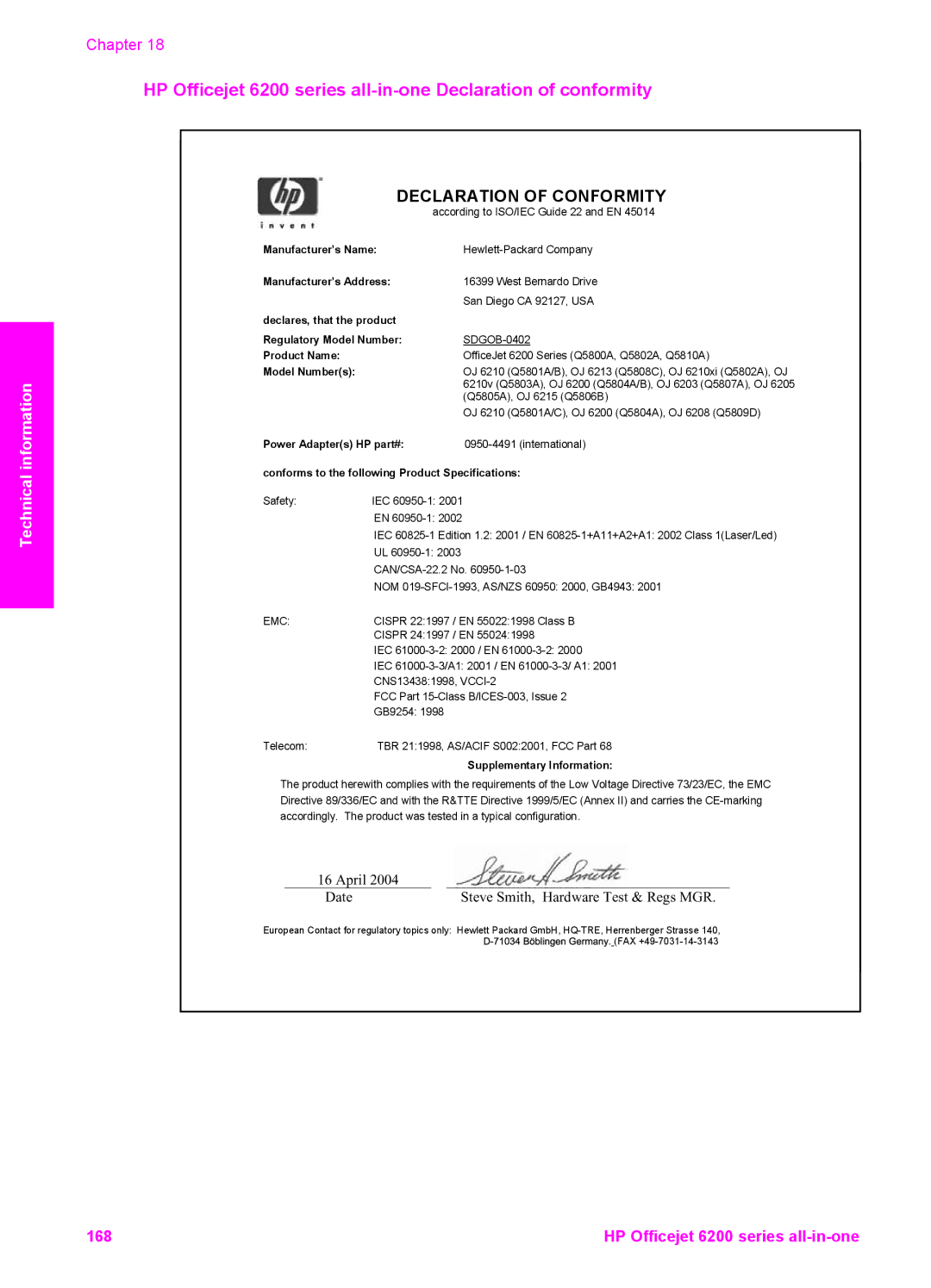 HP 6200 manual Declaration of Conformity 