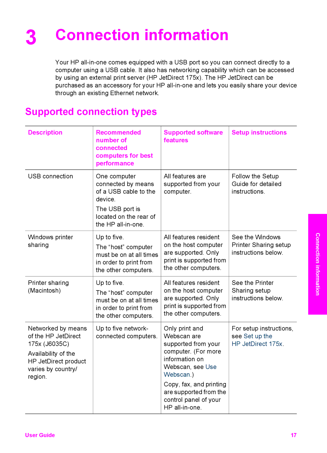 HP 6200 manual Connection information, Supported connection types 