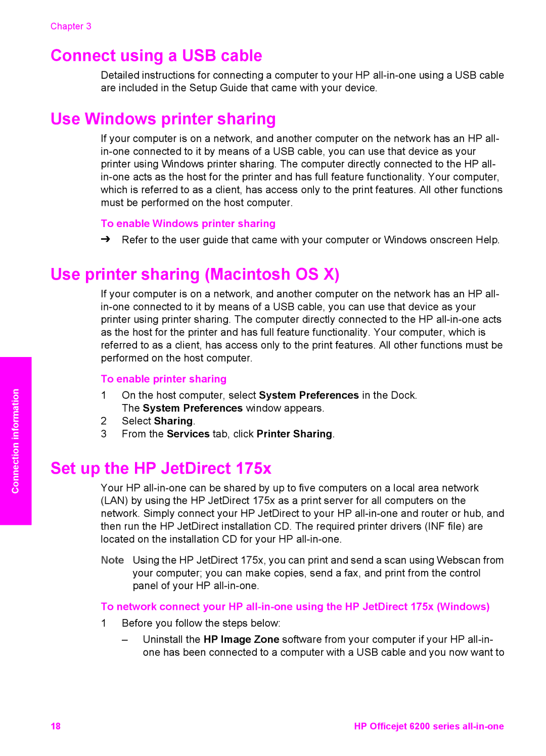 HP 6200 Connect using a USB cable, Use Windows printer sharing, Use printer sharing Macintosh OS, Set up the HP JetDirect 