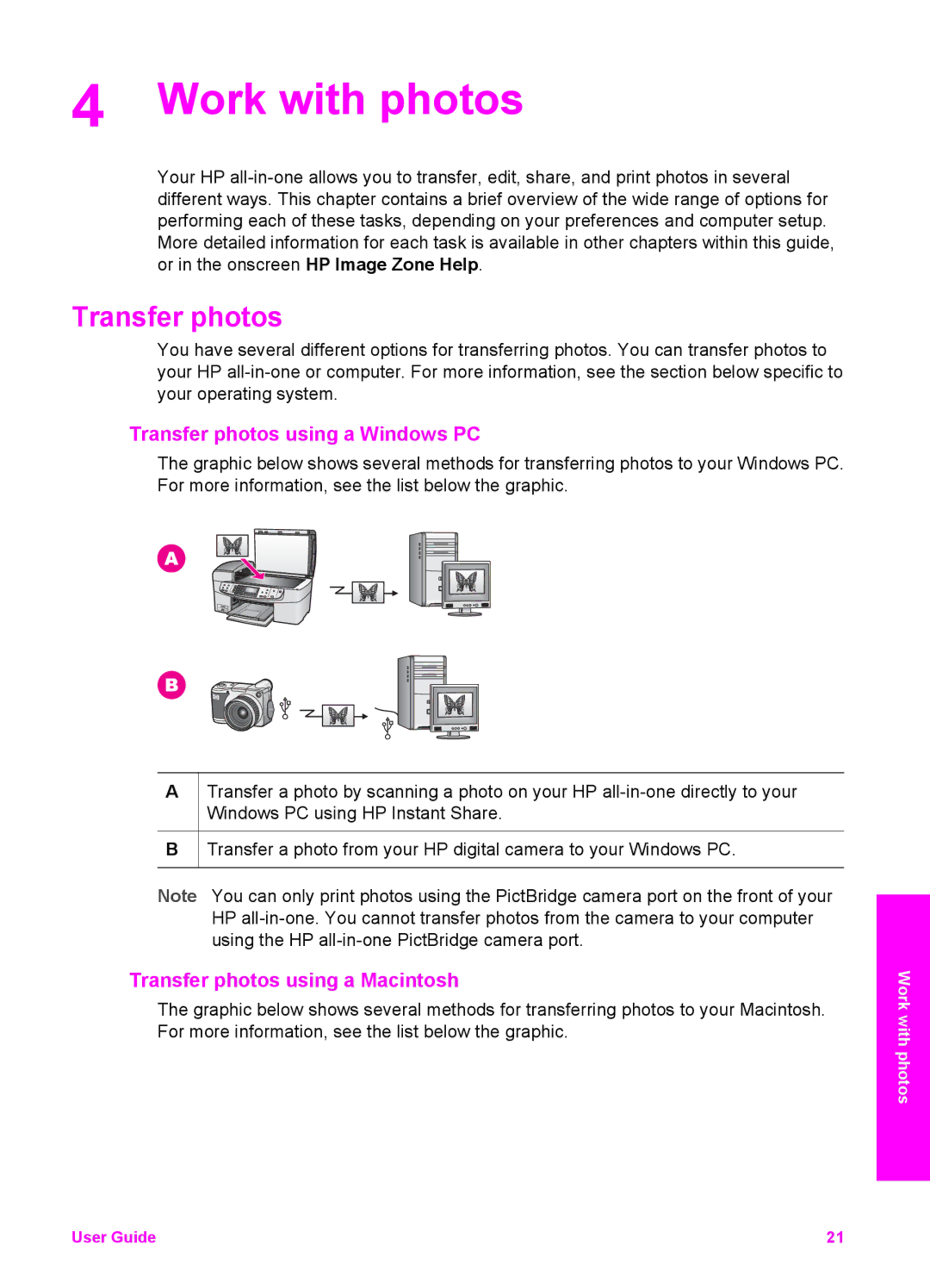 HP 6200 manual Work with photos, Transfer photos using a Windows PC, Transfer photos using a Macintosh 