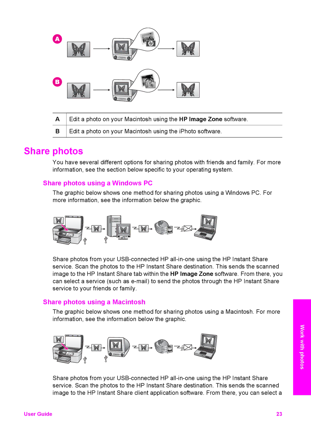 HP 6200 manual Share photos using a Windows PC, Share photos using a Macintosh 