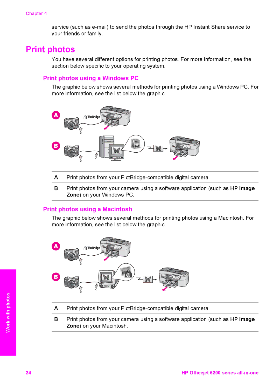 HP 6200 manual Print photos using a Windows PC, Print photos using a Macintosh 