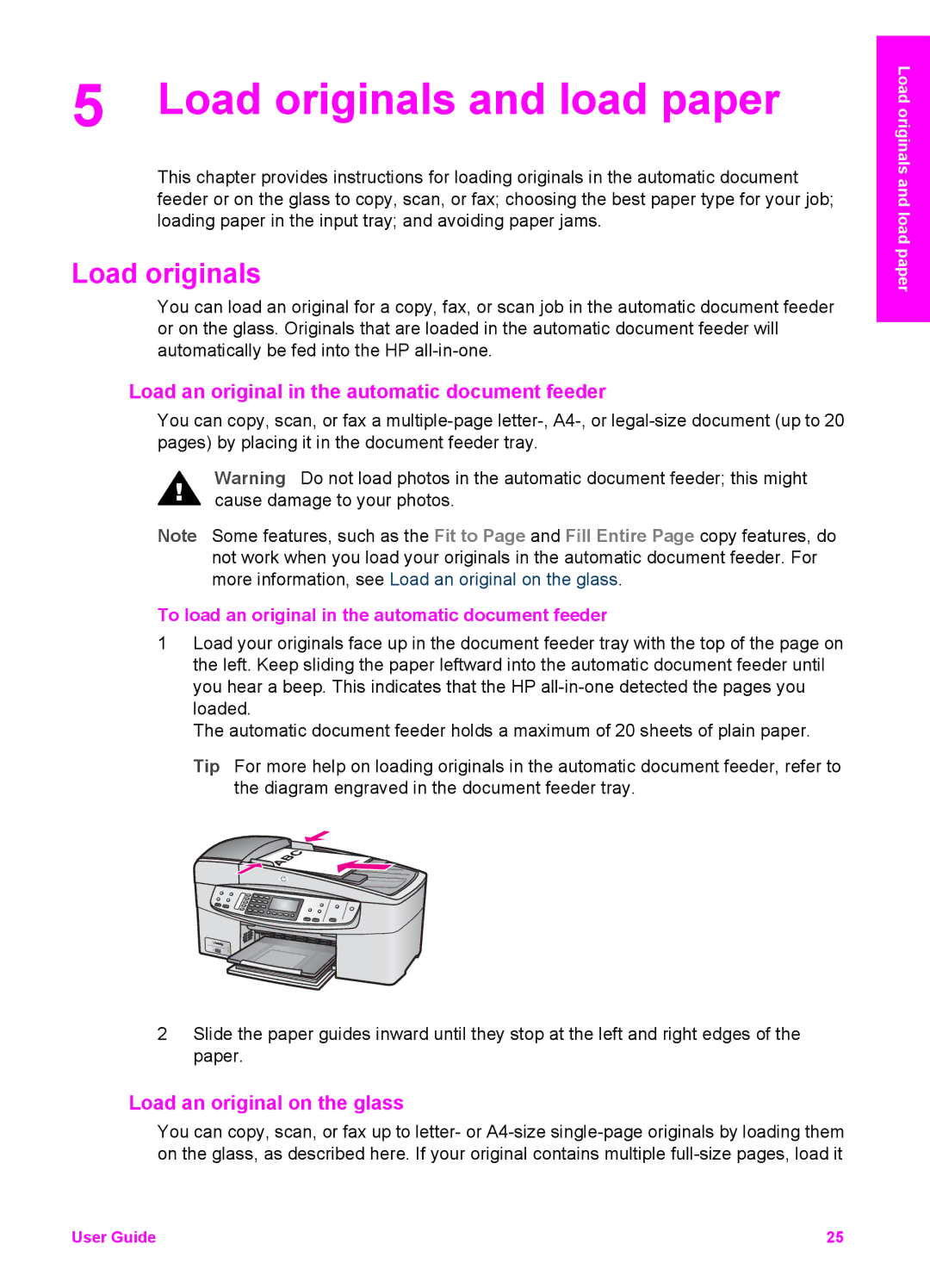 HP 6200 Load originals and load paper, Load an original in the automatic document feeder, Load an original on the glass 