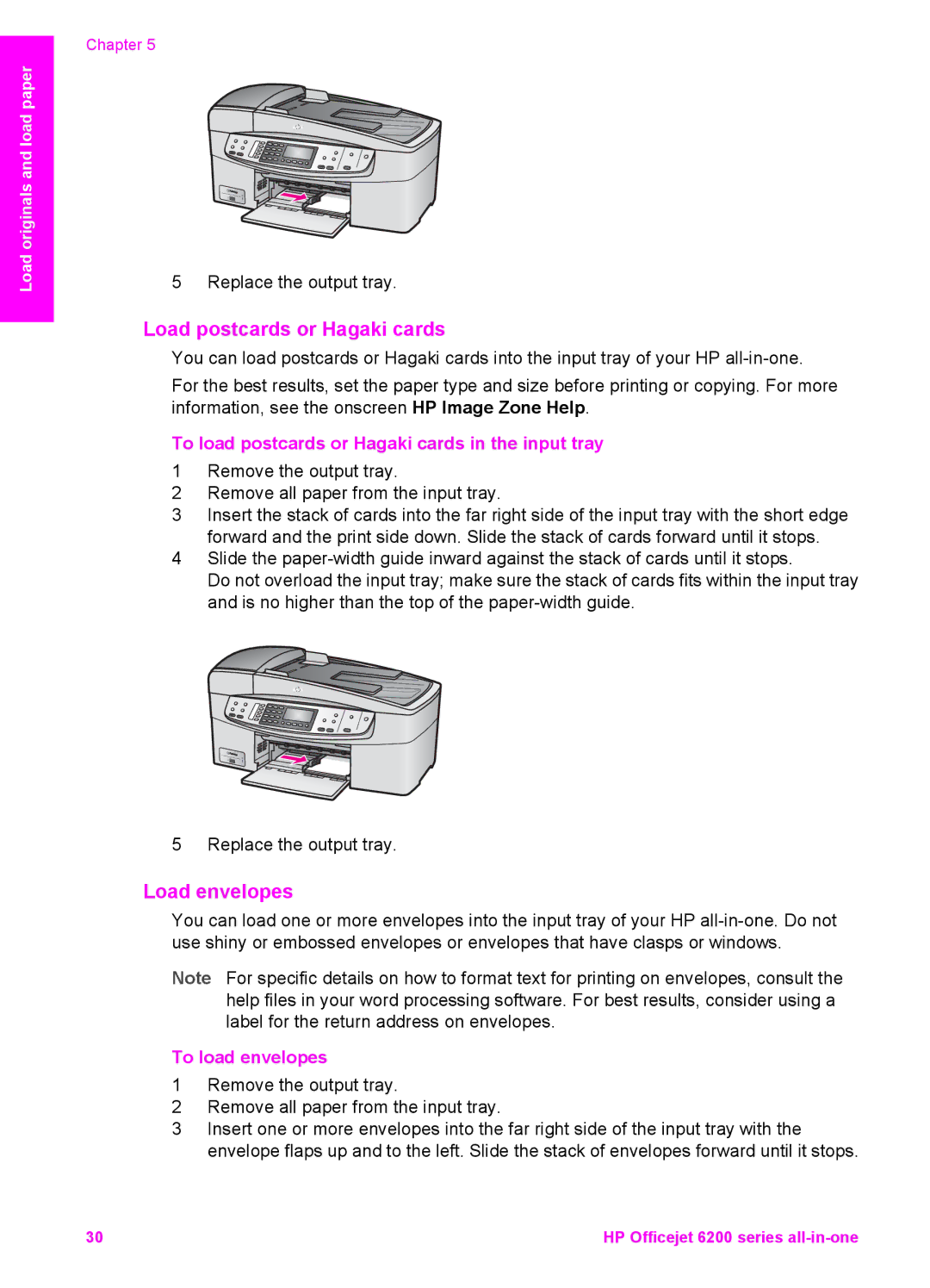 HP 6200 manual Load postcards or Hagaki cards, Load envelopes, To load postcards or Hagaki cards in the input tray 