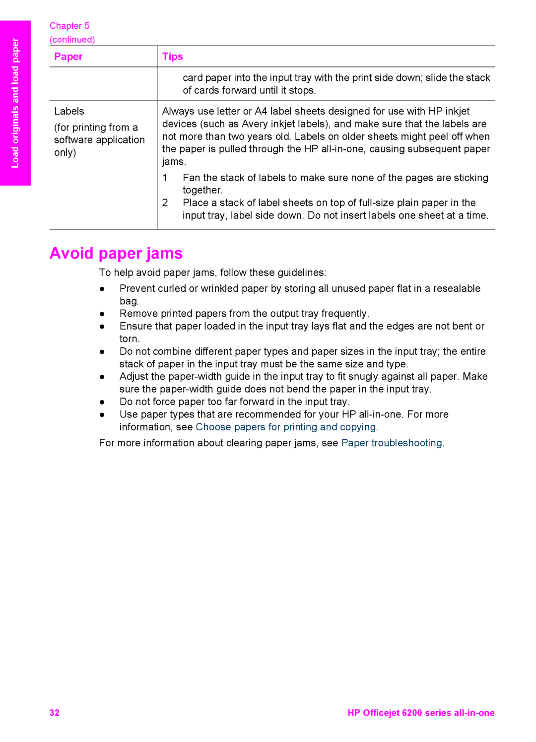 HP 6200 manual Avoid paper jams, Paper 