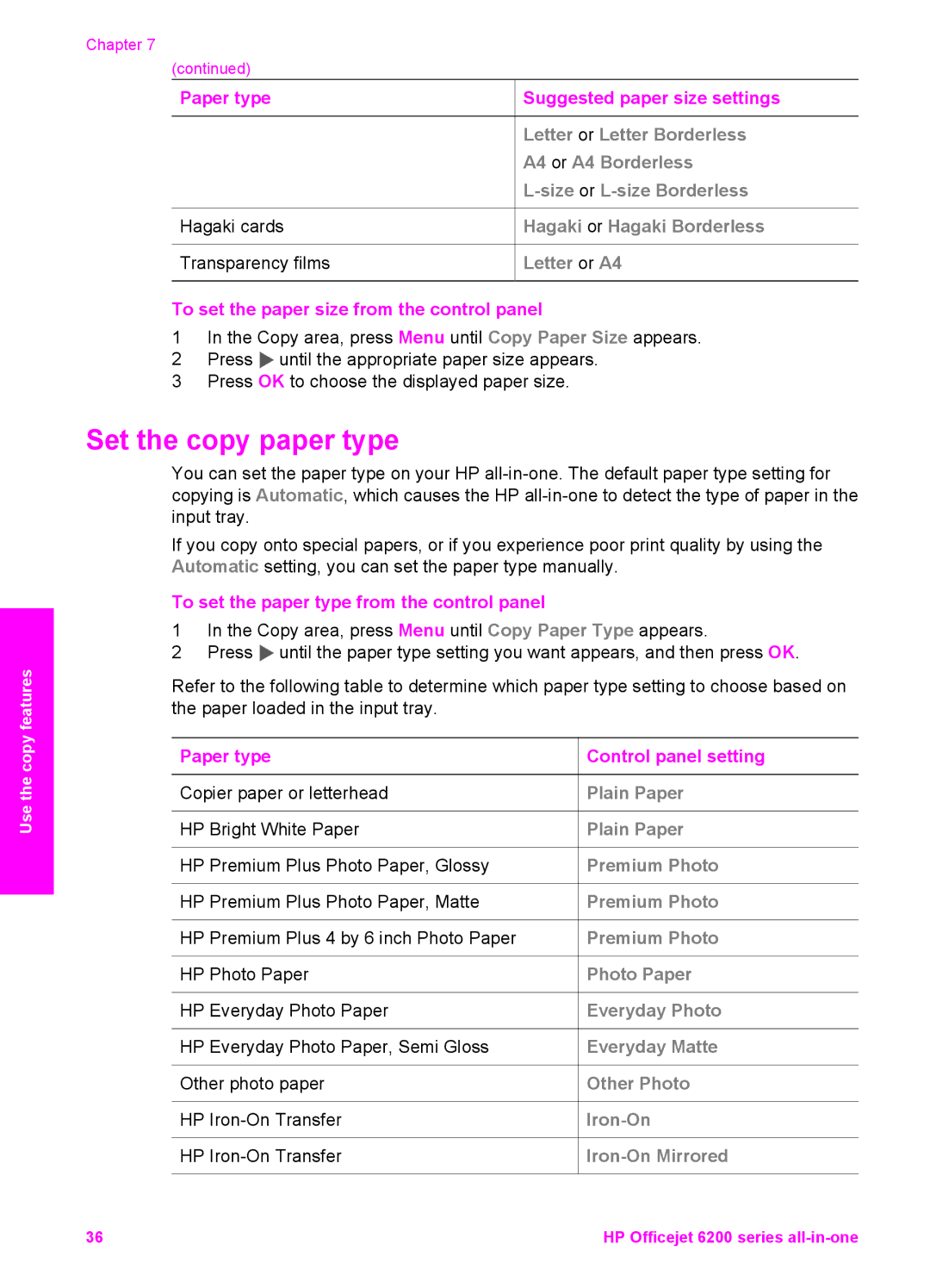 HP 6200 manual Set the copy paper type, To set the paper size from the control panel, Paper type Control panel setting 