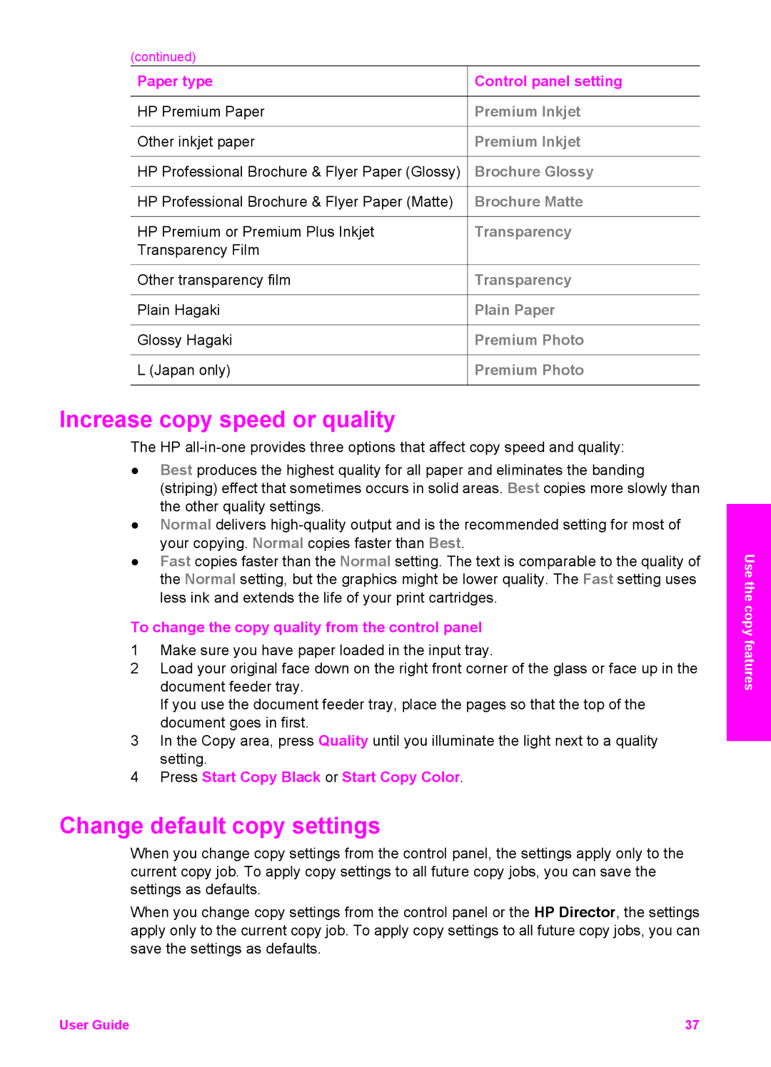 HP 6200 Increase copy speed or quality, Change default copy settings, To change the copy quality from the control panel 