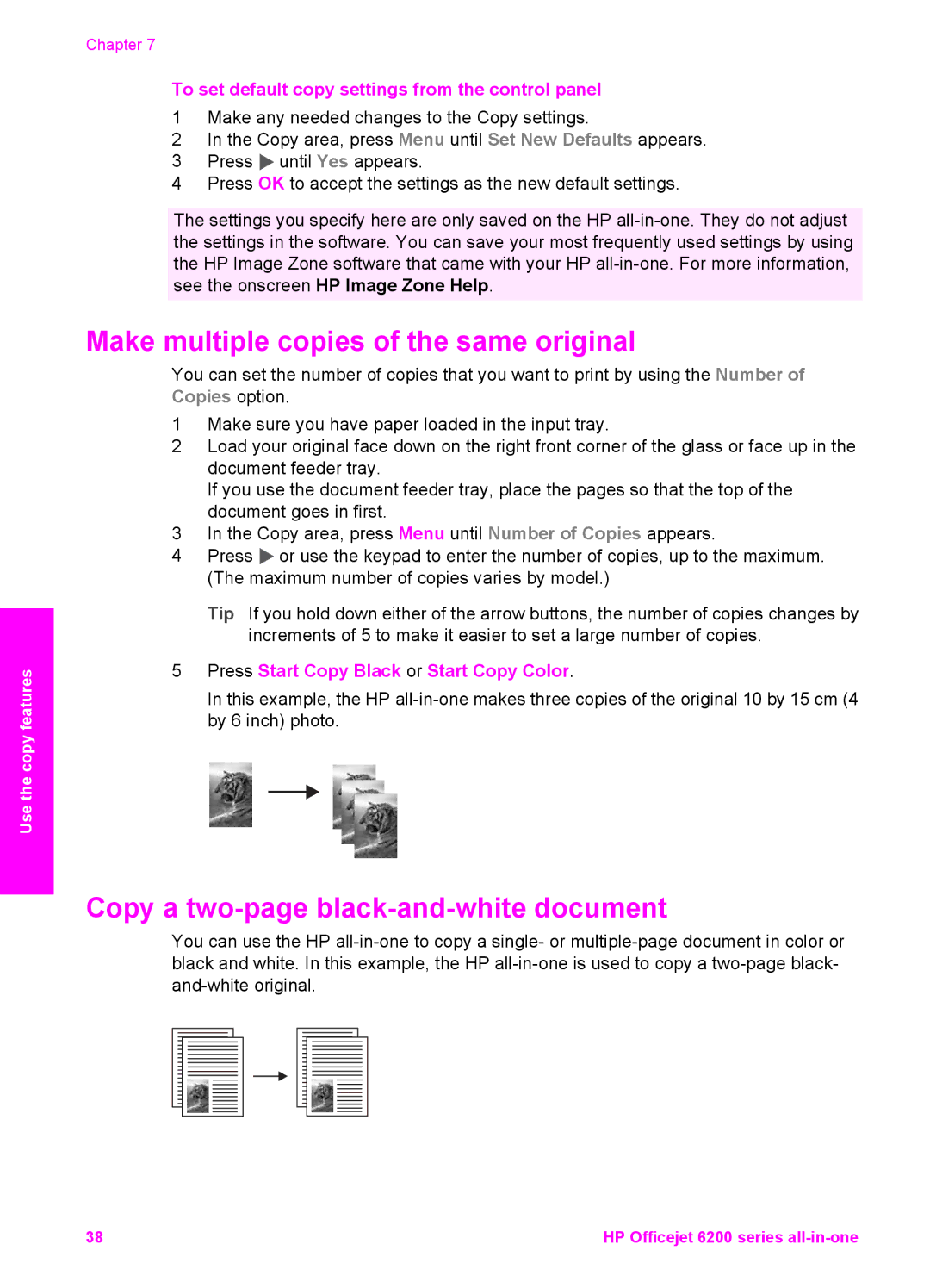 HP 6200 manual Make multiple copies of the same original, Copy a two-page black-and-white document 