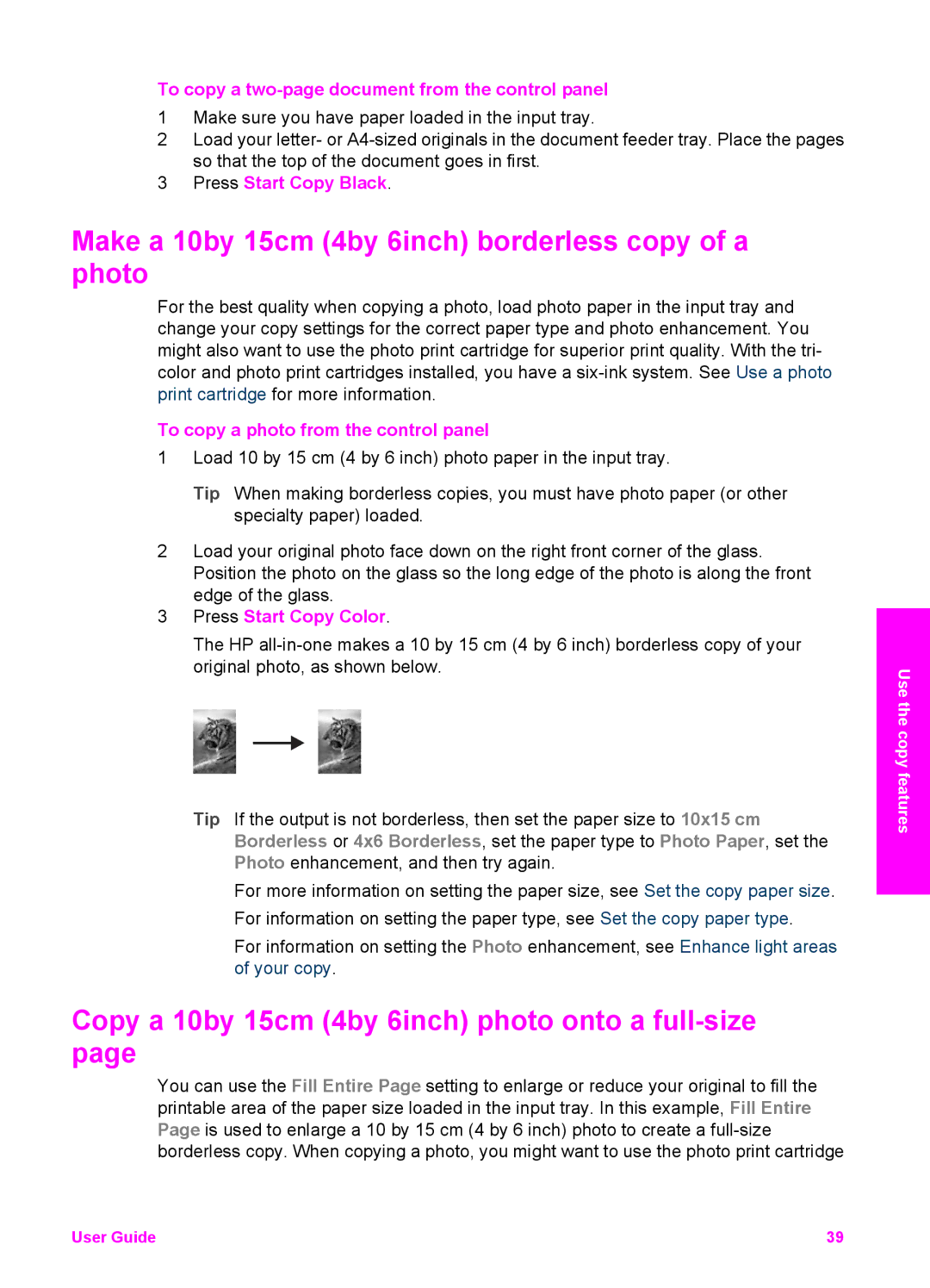 HP 6200 manual Make a 10by 15cm 4by 6inch borderless copy of a photo, Copy a 10by 15cm 4by 6inch photo onto a full-size 