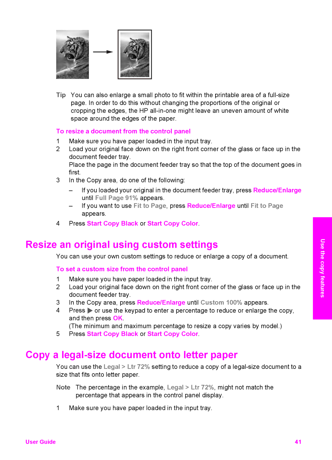 HP 6200 manual Resize an original using custom settings, Copy a legal-size document onto letter paper 