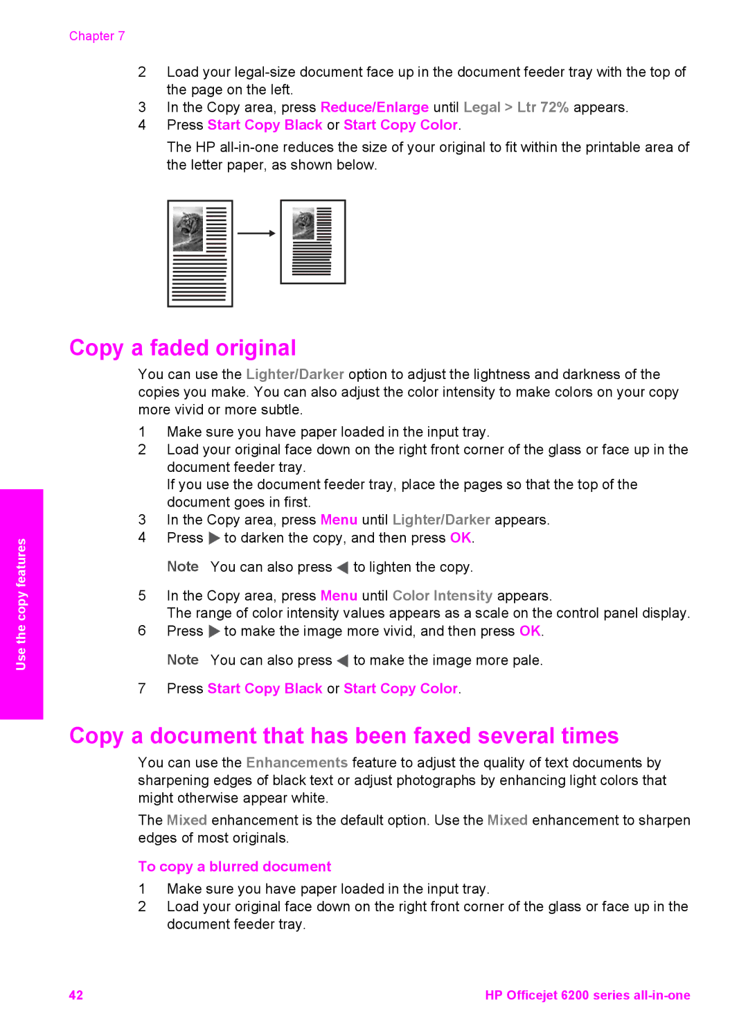 HP 6200 manual Copy a faded original, Copy a document that has been faxed several times, To copy a blurred document 