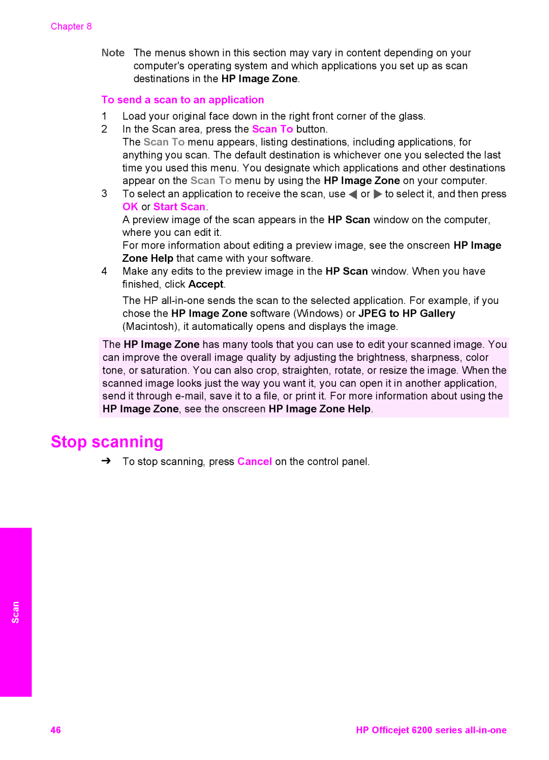 HP 6200 manual Stop scanning, To send a scan to an application 