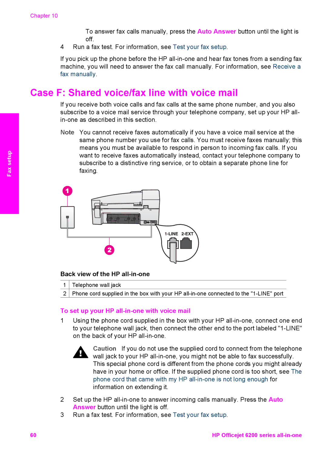 HP 6200 manual Case F Shared voice/fax line with voice mail, To set up your HP all-in-one with voice mail 