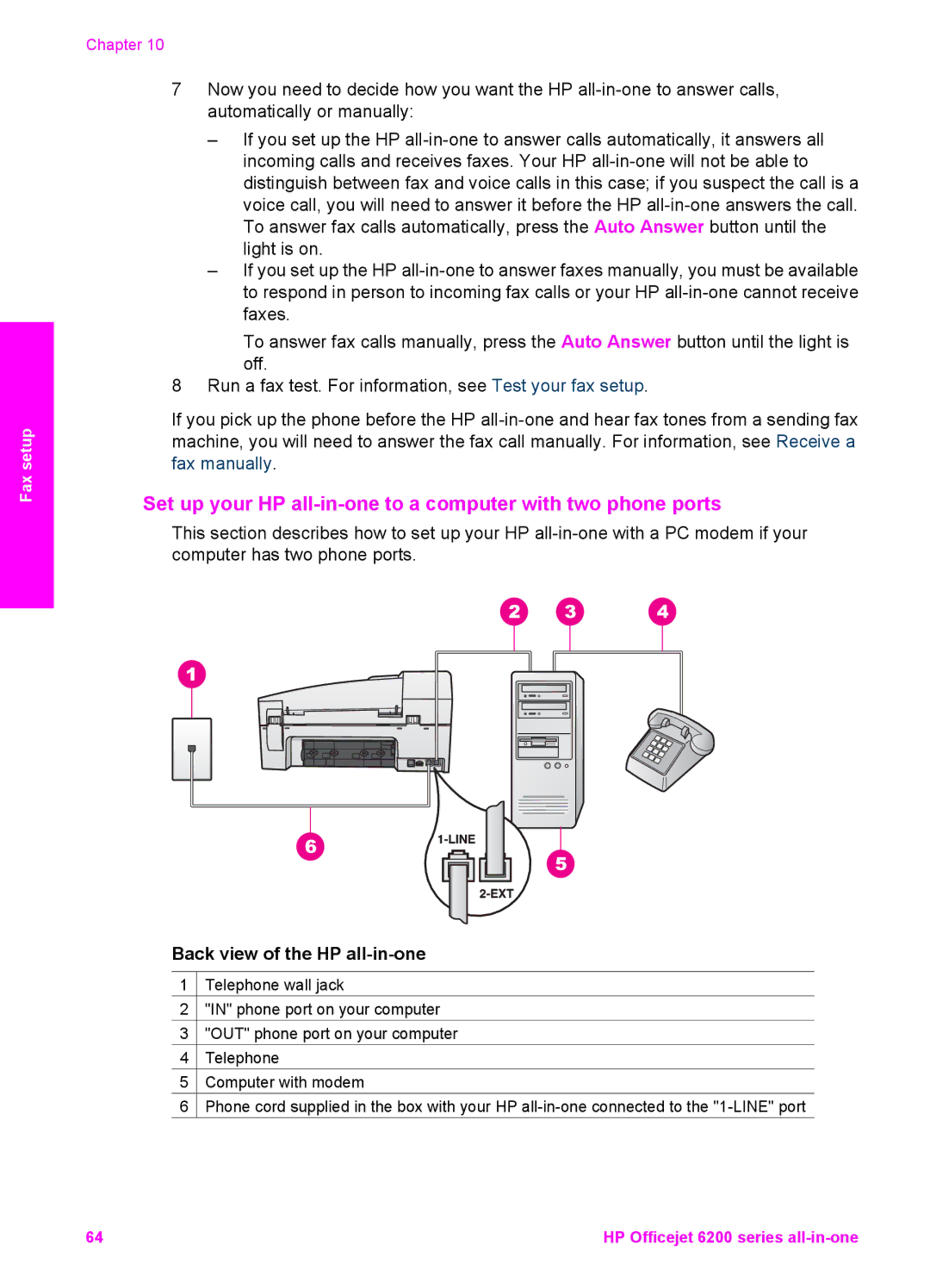 HP 6200 manual Set up your HP all-in-one to a computer with two phone ports 