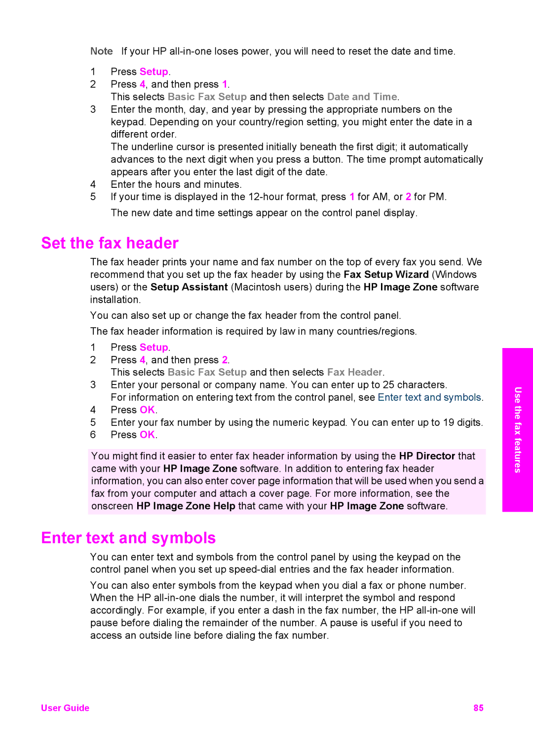 HP 6200 manual Set the fax header, Enter text and symbols 