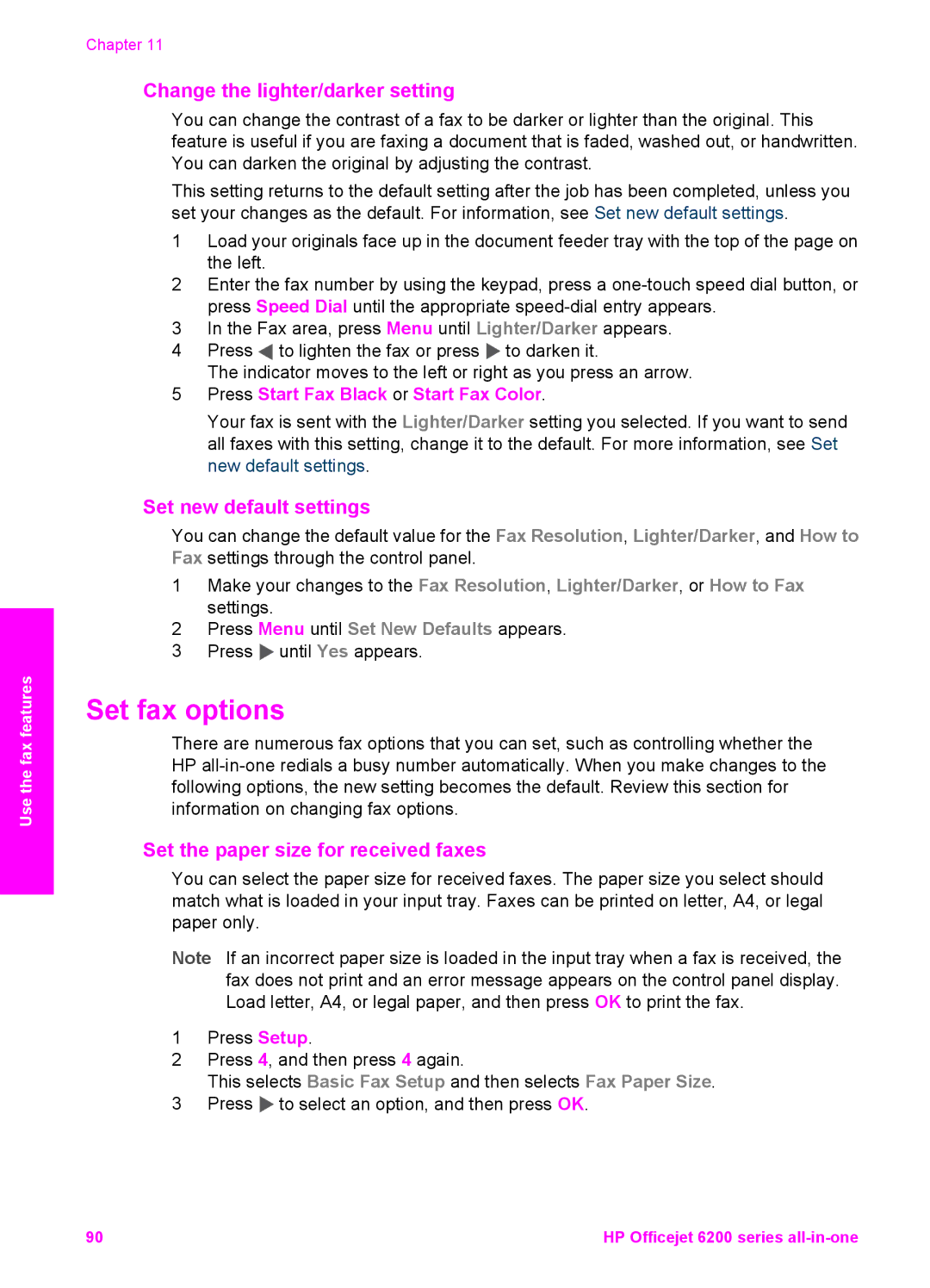 HP 6200 manual Set fax options, Change the lighter/darker setting, Set new default settings 