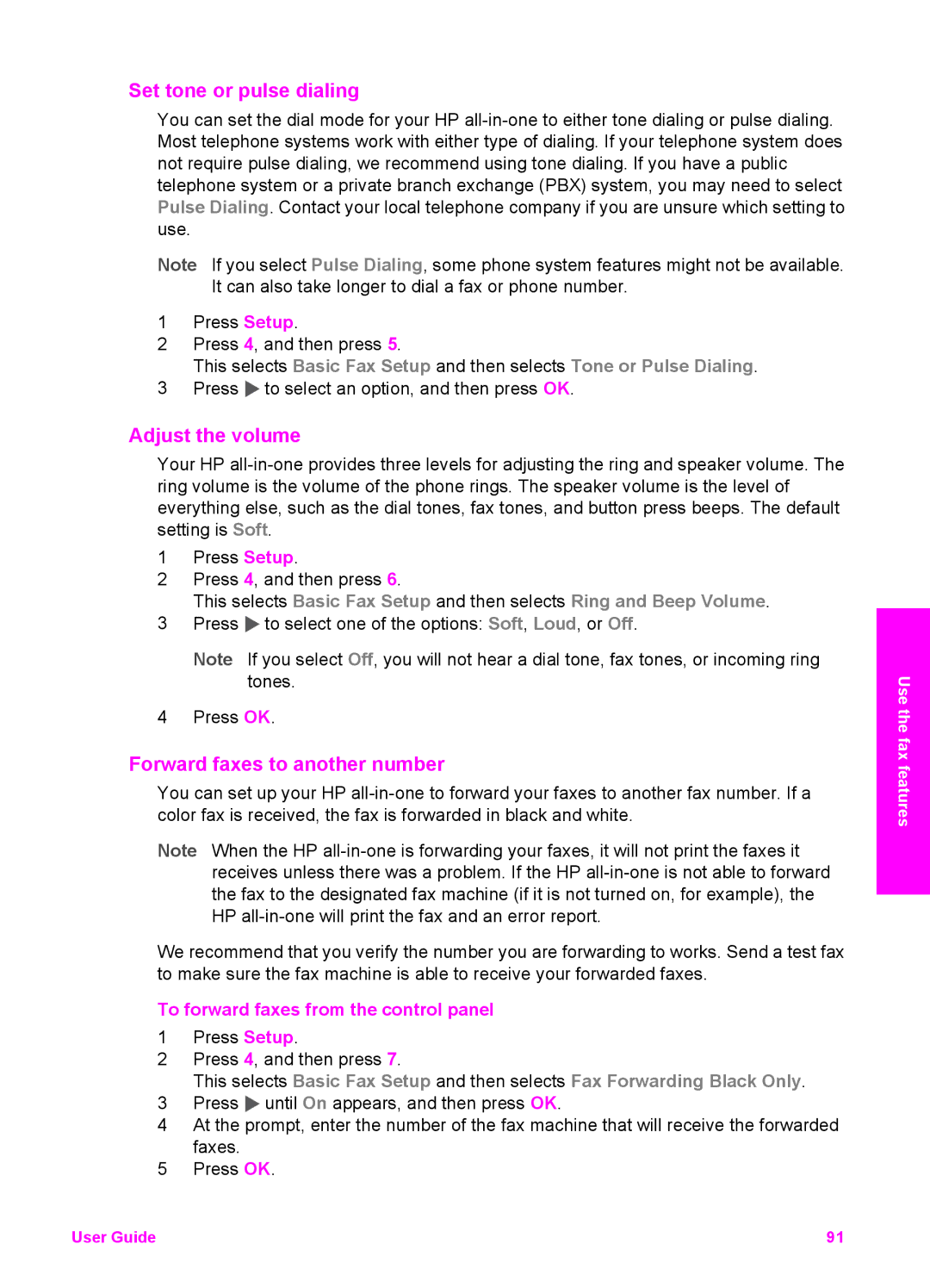 HP 6200 manual Set tone or pulse dialing, Adjust the volume, Forward faxes to another number 