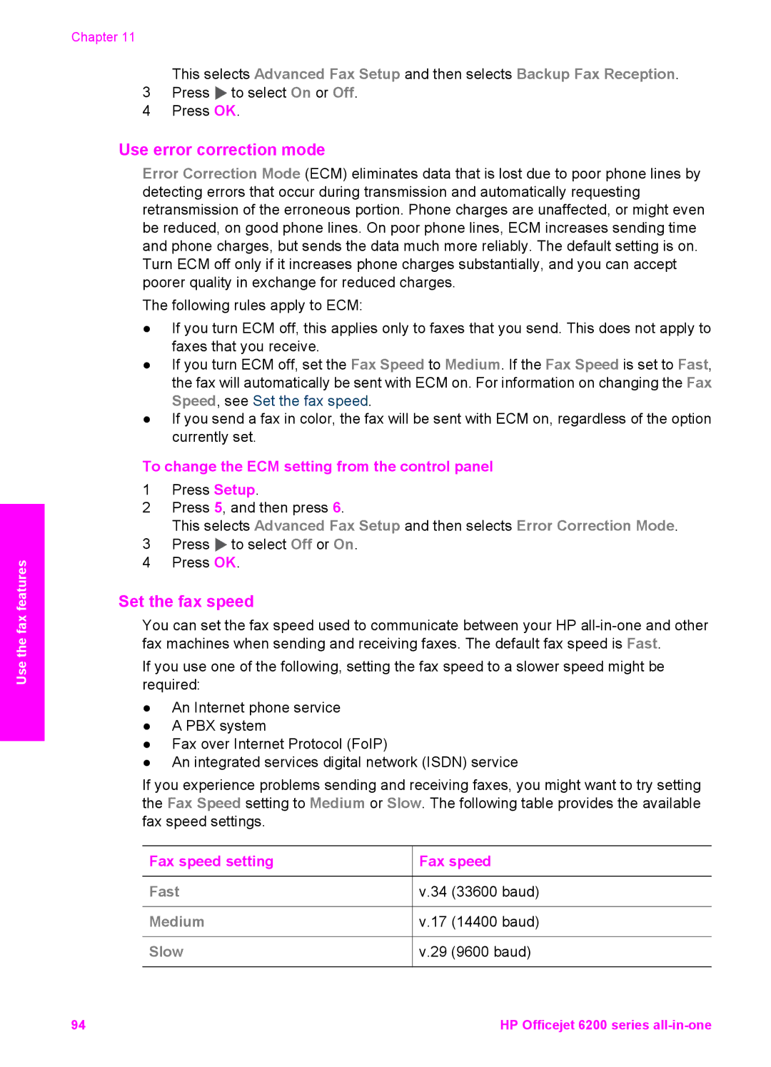 HP 6200 Use error correction mode, Set the fax speed, To change the ECM setting from the control panel, Fax speed setting 