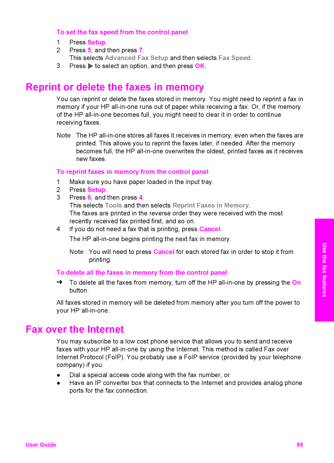 HP 6200 manual Reprint or delete the faxes in memory, Fax over the Internet, To set the fax speed from the control panel 