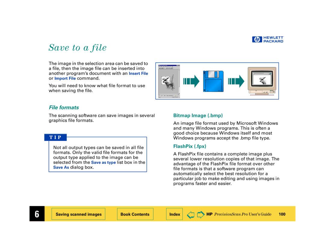 HP 6200C manual Save to a file, File formats, Bitmap Image .bmp, FlashPix .fpx 