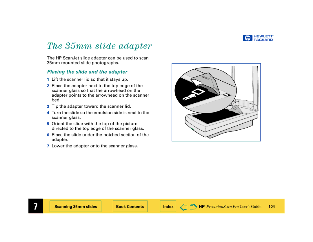 HP 6200C manual 35mm slide adapter, Placing the slide and the adapter 