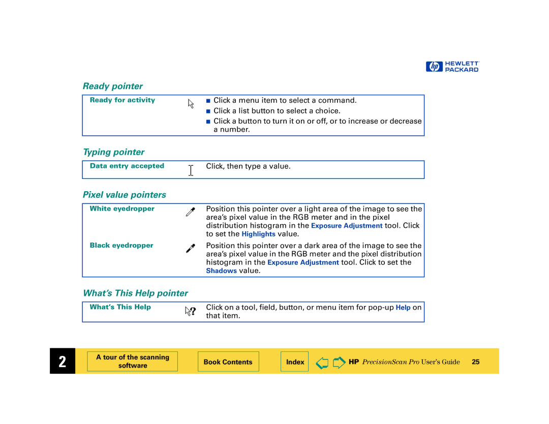 HP 6200C manual Ready pointer, Typing pointer, Pixel value pointers, What’s This Help pointer 