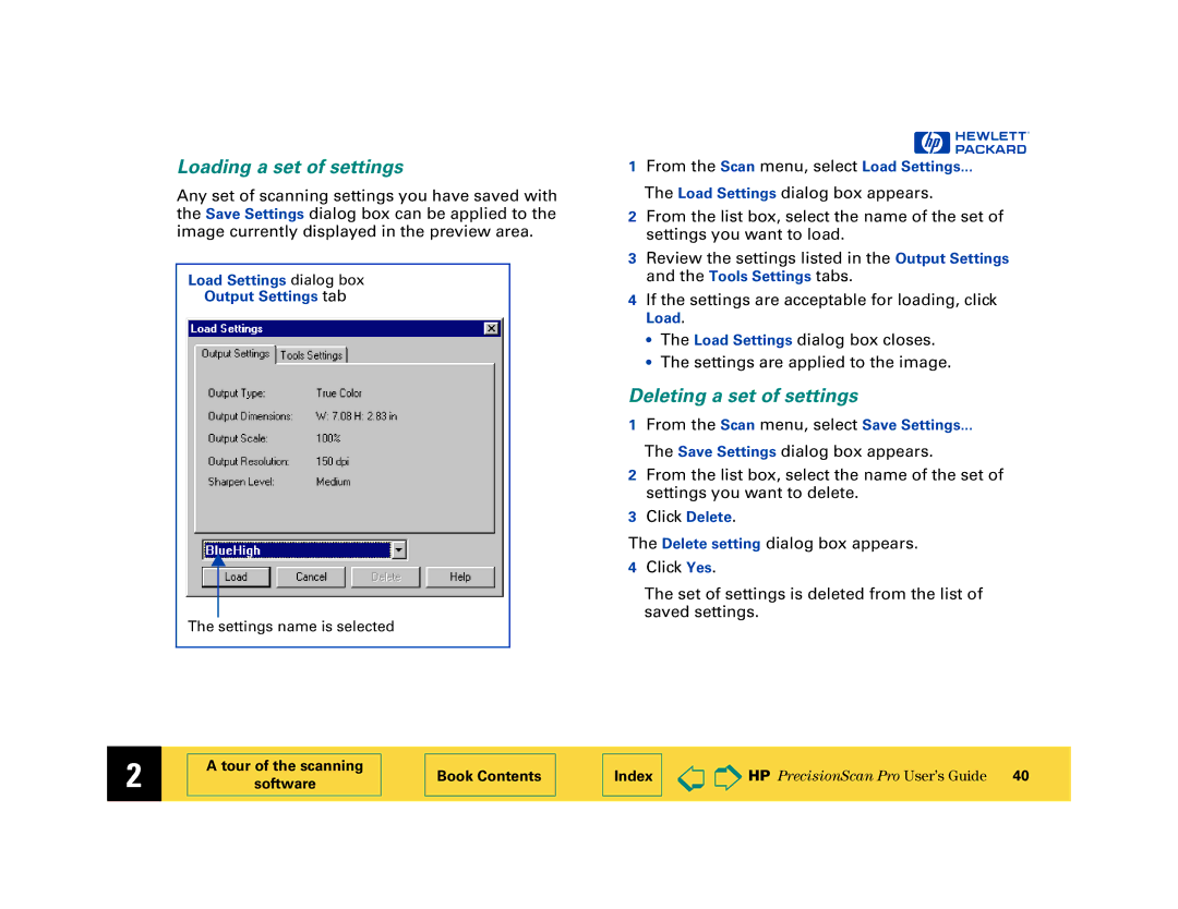 HP 6200C manual Loading a set of settings, Deleting a set of settings 