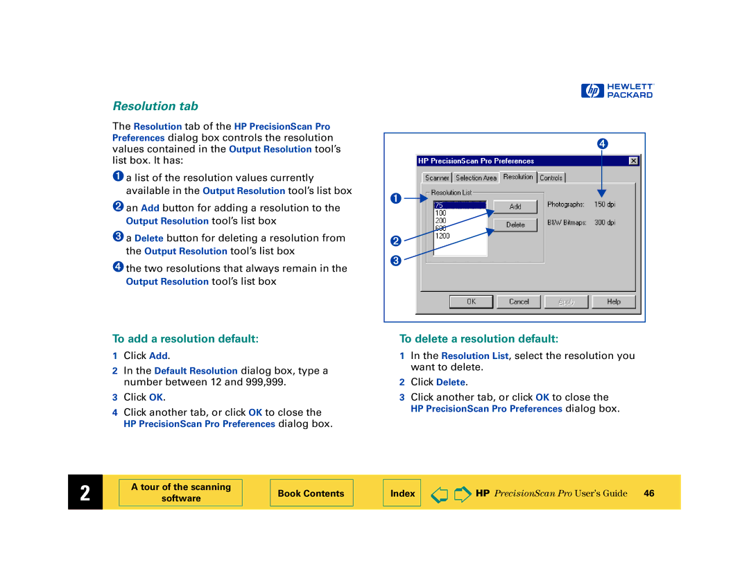 HP 6200C manual Resolution tab, To add a resolution default, To delete a resolution default 