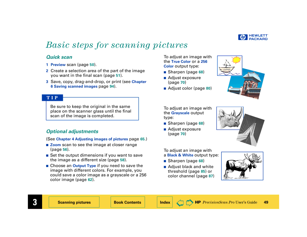 HP 6200C manual Basic steps for scanning pictures, Quick scan, Optional adjustments 