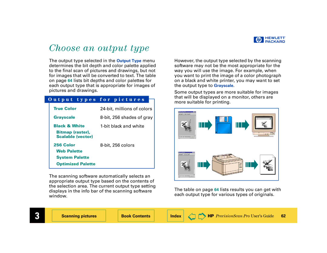 HP 6200C manual Choose an output type, T p u t t y p e s f o r p i c t u r e s 