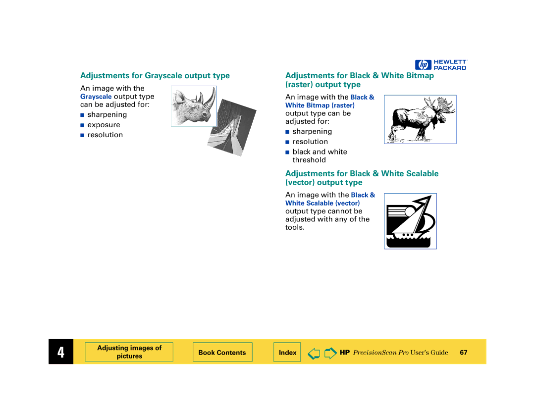 HP 6200C manual Adjustments for Grayscale output type, Adjustments for Black & White Bitmap raster output type 