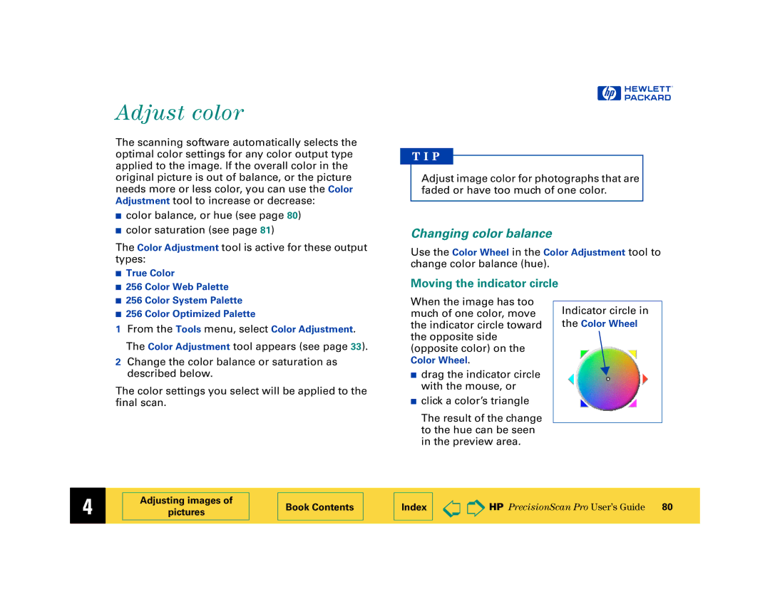 HP 6200C manual Adjust color, Changing color balance, Moving the indicator circle 