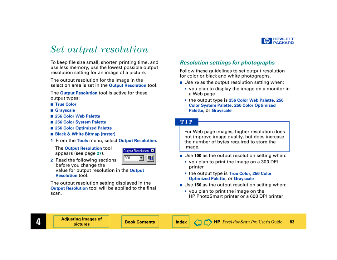 HP 6200C manual Set output resolution, Resolution settings for photographs 