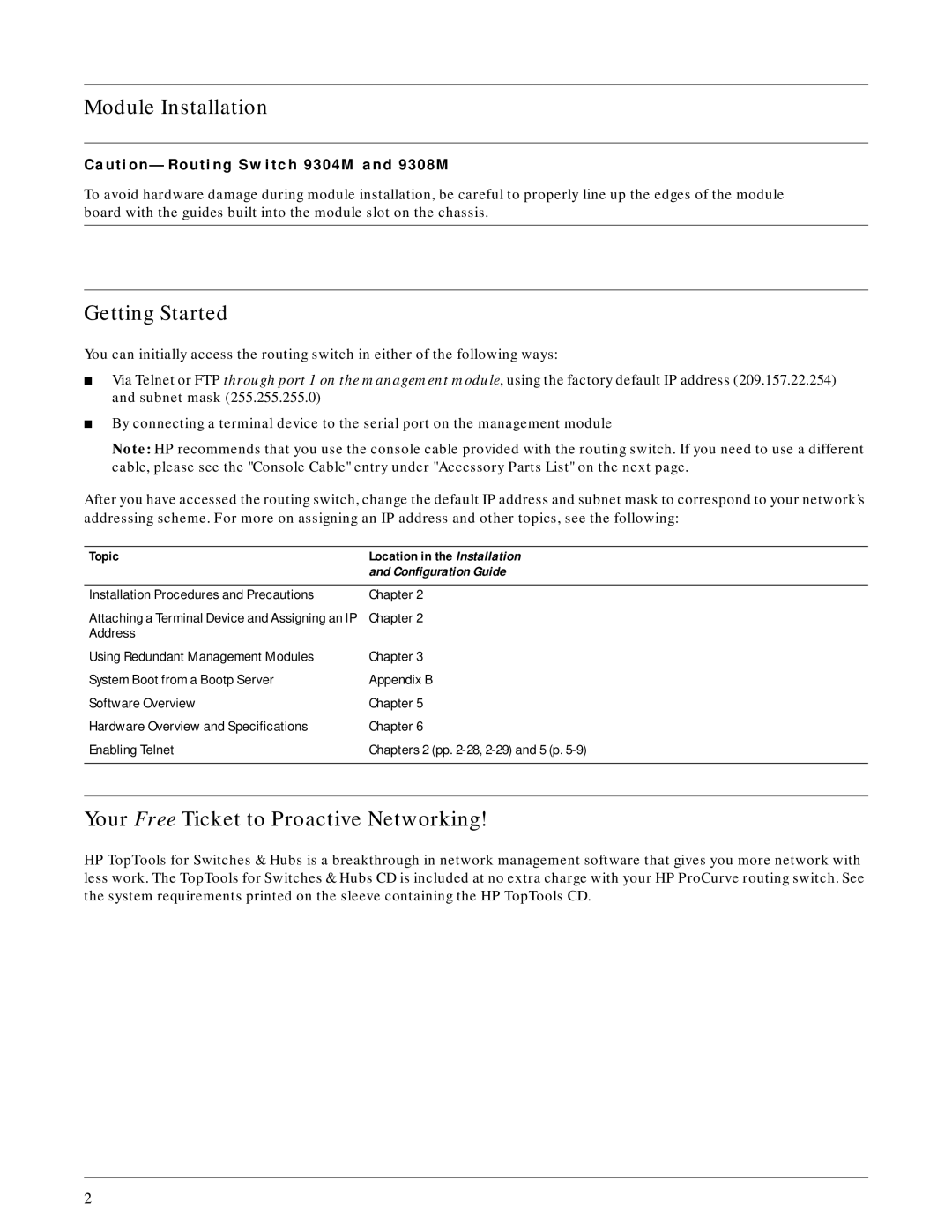 HP 6208M-SX, 6308M-SX manual Module Installation, Getting Started, Your Free Ticket to Proactive Networking 