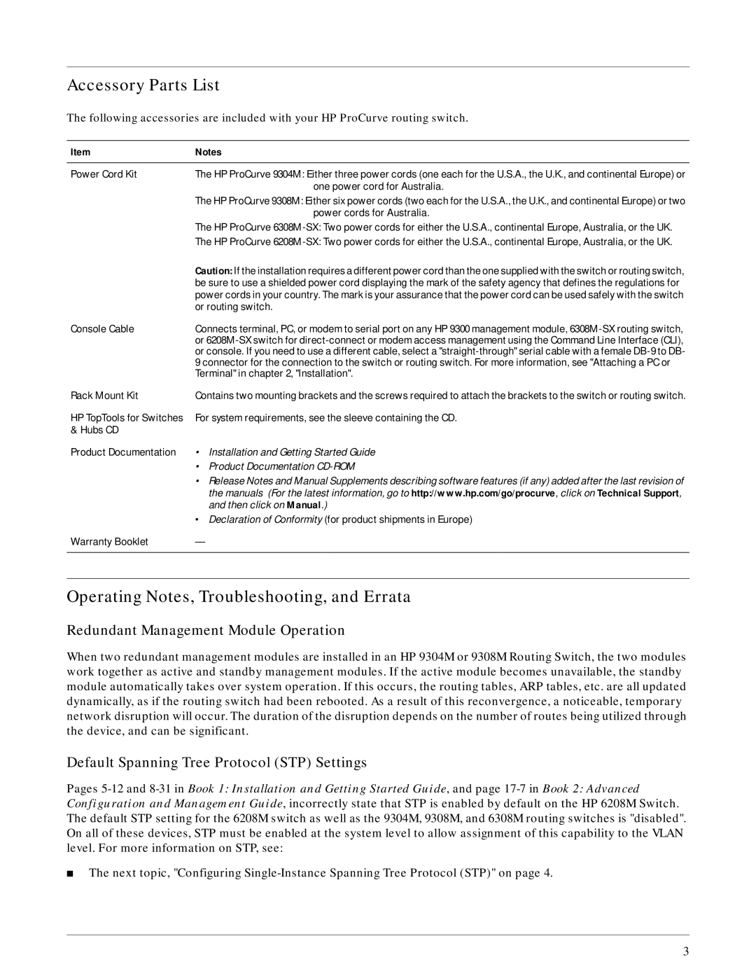 HP 6308M-SX Accessory Parts List, Operating Notes, Troubleshooting, and Errata, Redundant Management Module Operation 