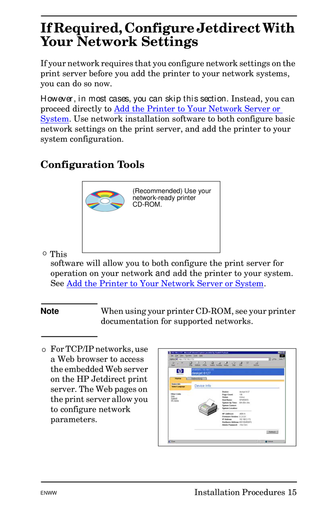 HP 620n Fast Ethernet Print Server manual If Required, Configure Jetdirect With Your Network Settings, Configuration Tools 