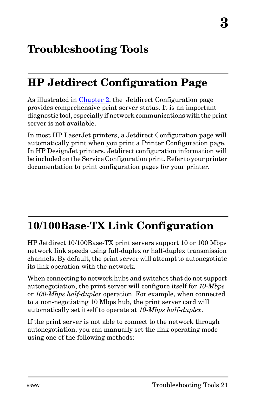 HP 620n Fast Ethernet Print Server Troubleshooting Tools HP Jetdirect Configuration, 10/100Base-TX Link Configuration 