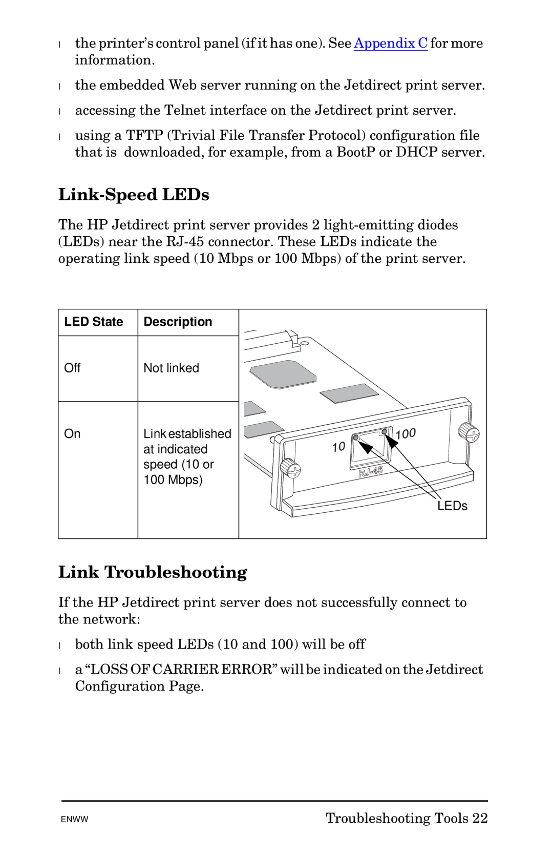 HP 620n Fast Ethernet Print Server manual Link-Speed LEDs 