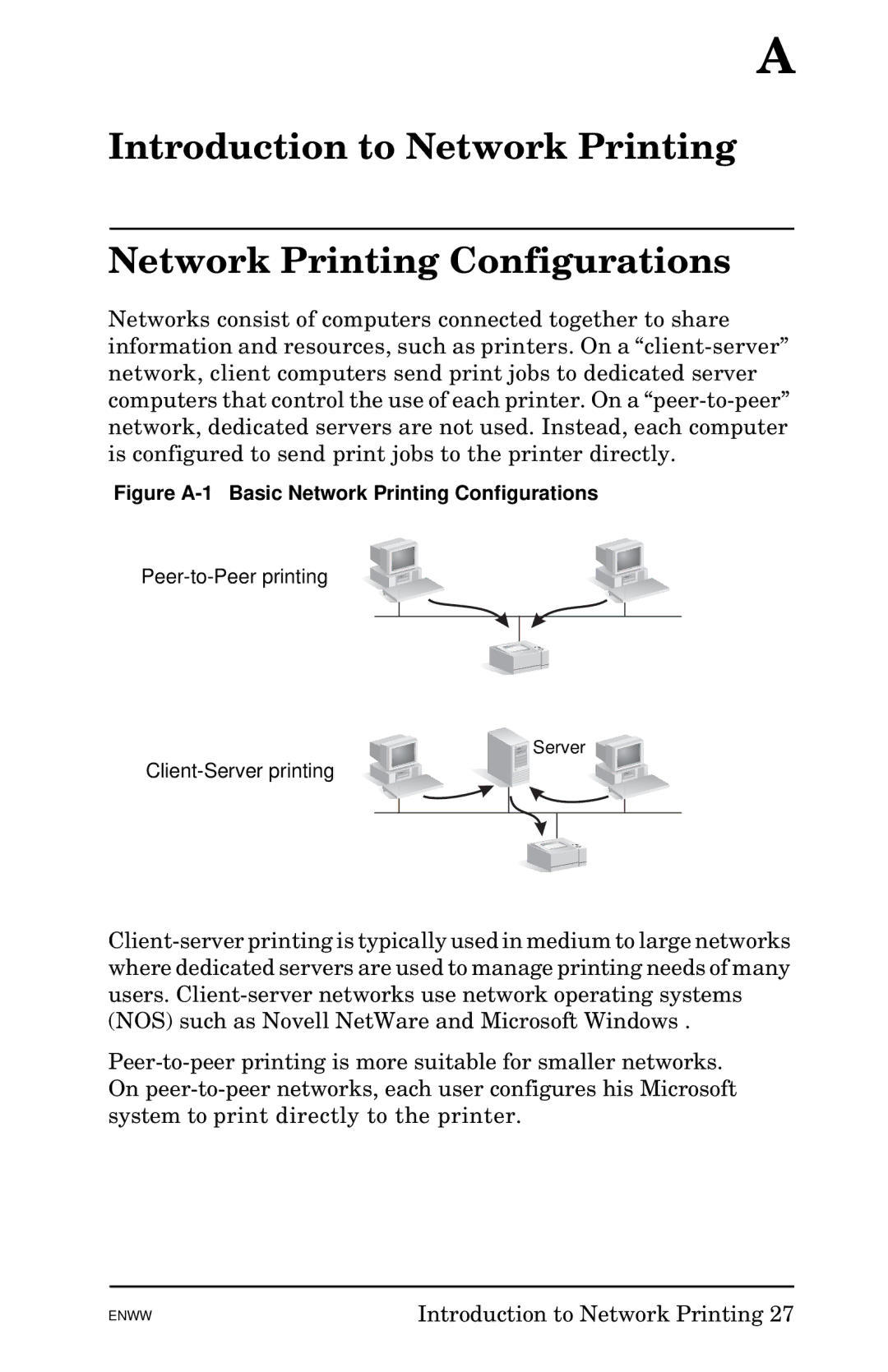 HP 620n Fast Ethernet Print Server manual Peer-to-Peer printing, Client-Server printing 