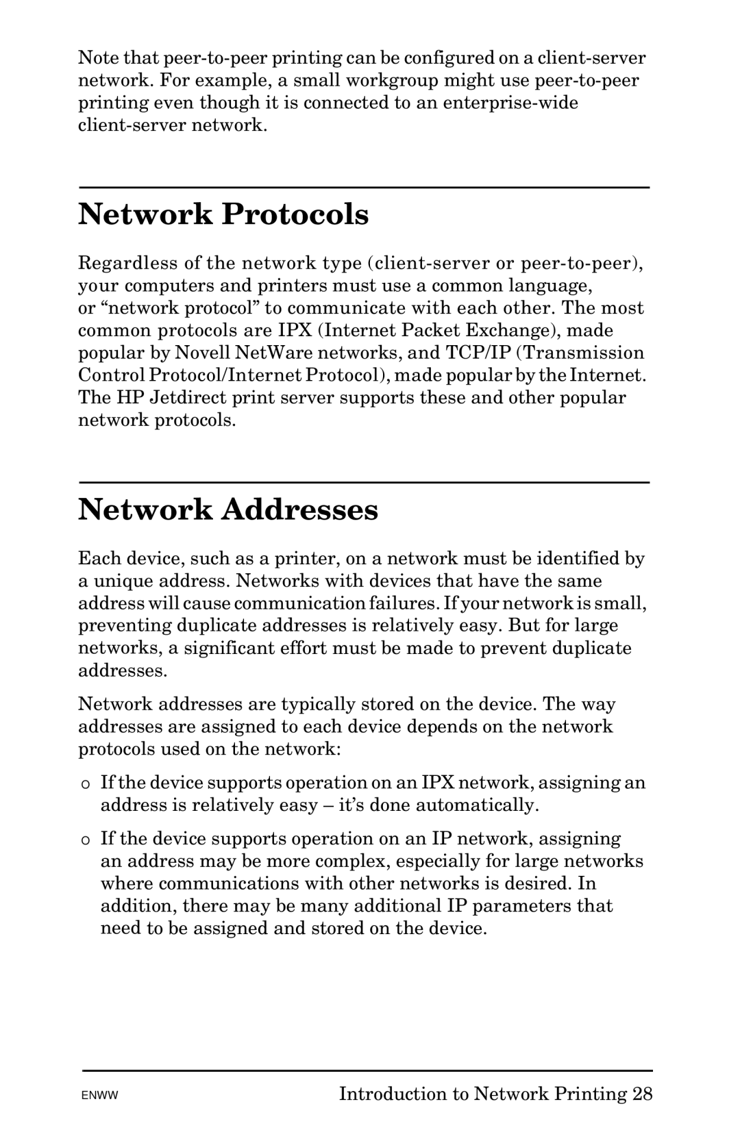 HP 620n Fast Ethernet Print Server manual Network Protocols, Network Addresses 