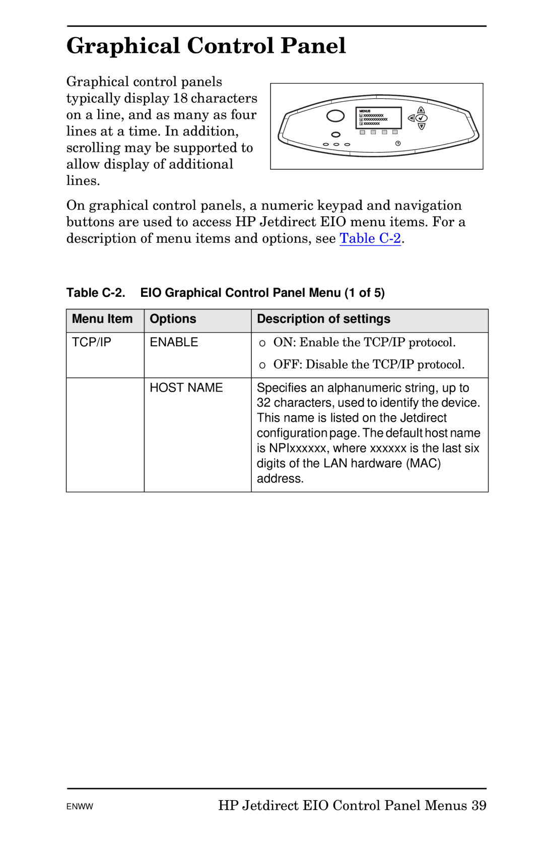 HP 620n Fast Ethernet Print Server manual Graphical Control Panel, TCP/IP Enable, Host Name 