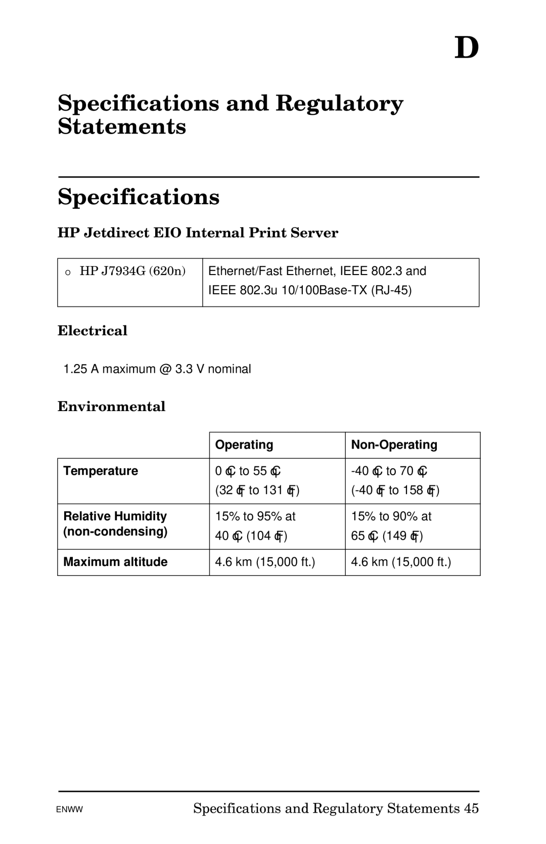 HP 620n Fast Ethernet Print Server manual Specifications and Regulatory Statements 