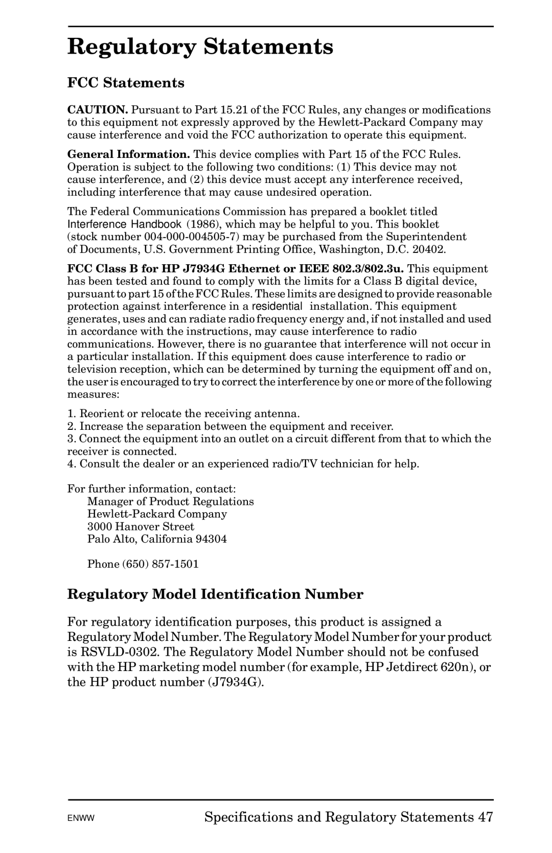 HP 620n Fast Ethernet Print Server manual Regulatory Statements, FCC Statements 