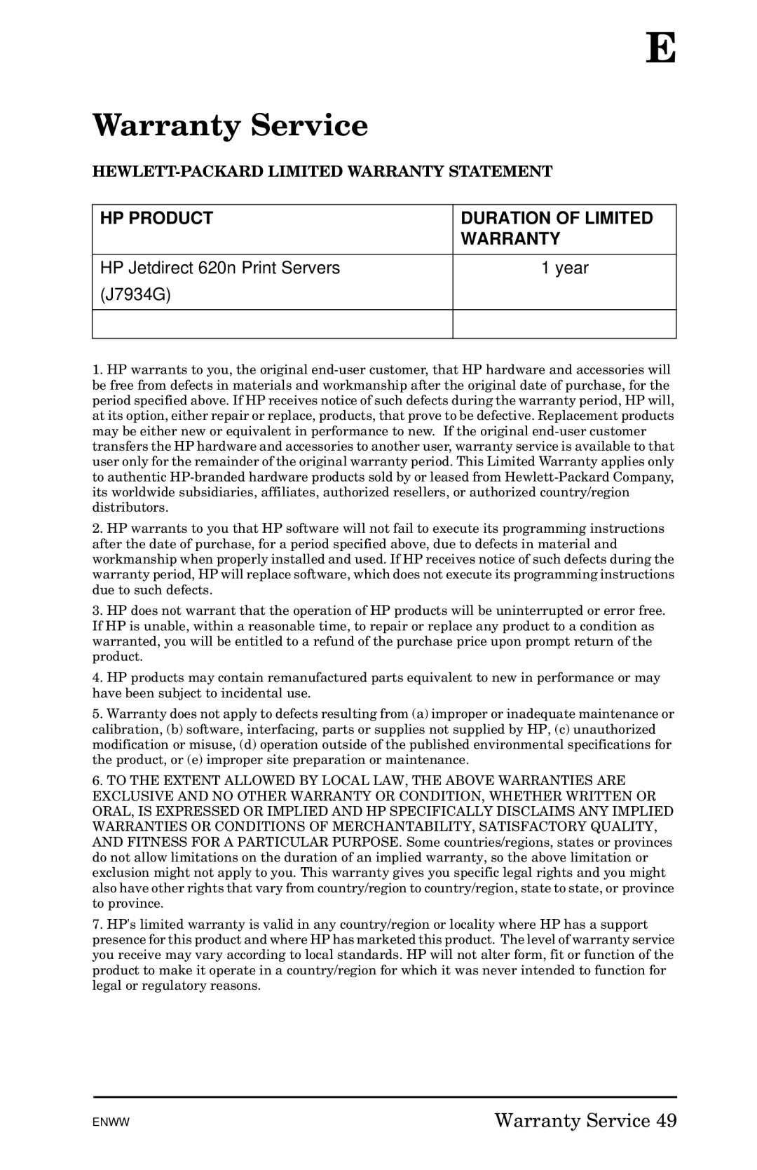 HP 620n Fast Ethernet Print Server manual Warranty Service, HP Product Duration of Limited Warranty 