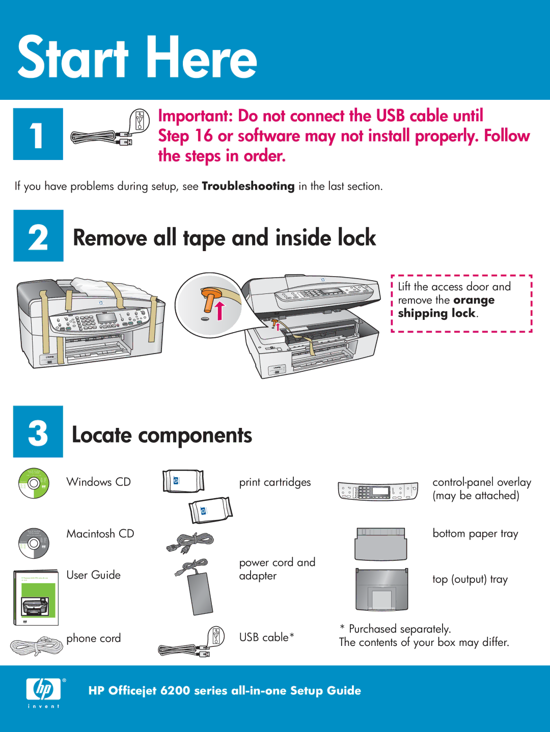 HP 6210xi, 6210v, 6215 manual Remove all tape and inside lock, Locate components 