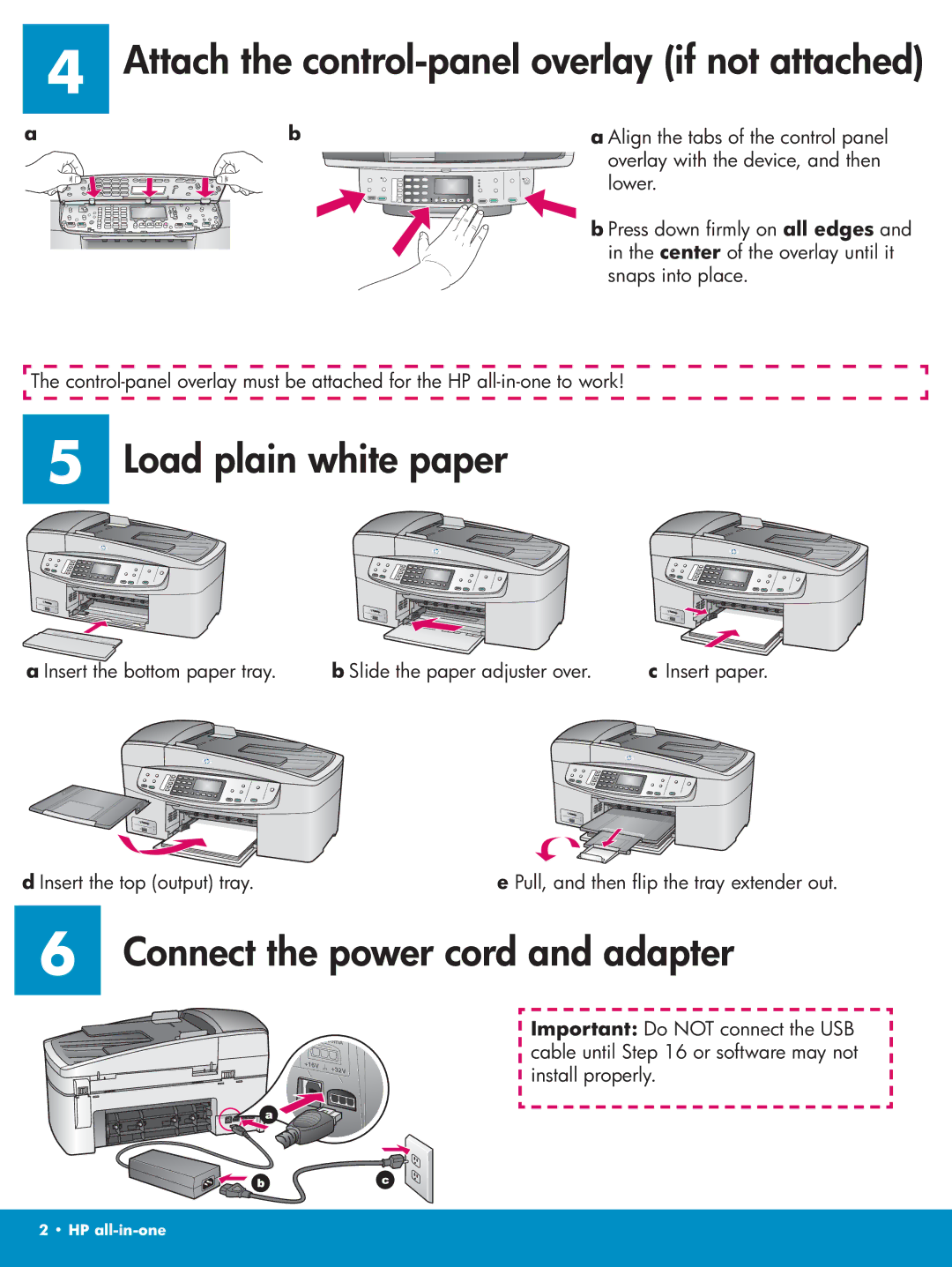 HP 6210v Attach the control-panel overlay if not attached, Load plain white paper, Connect the power cord and adapter 