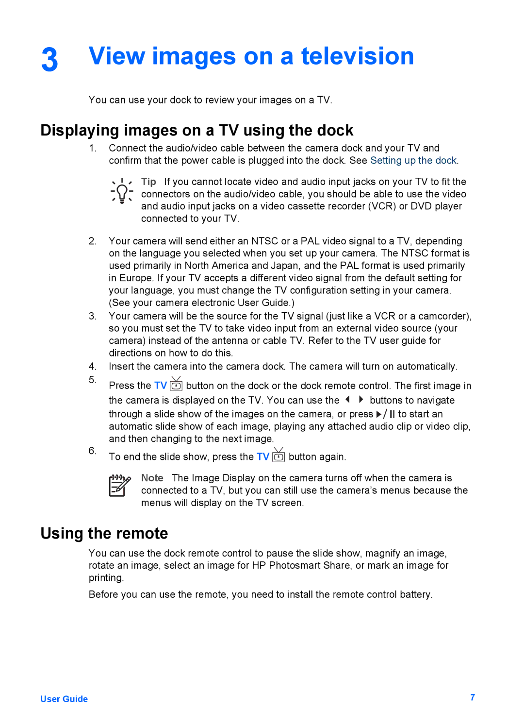 HP 6221 manual View images on a television, Displaying images on a TV using the dock, Using the remote 