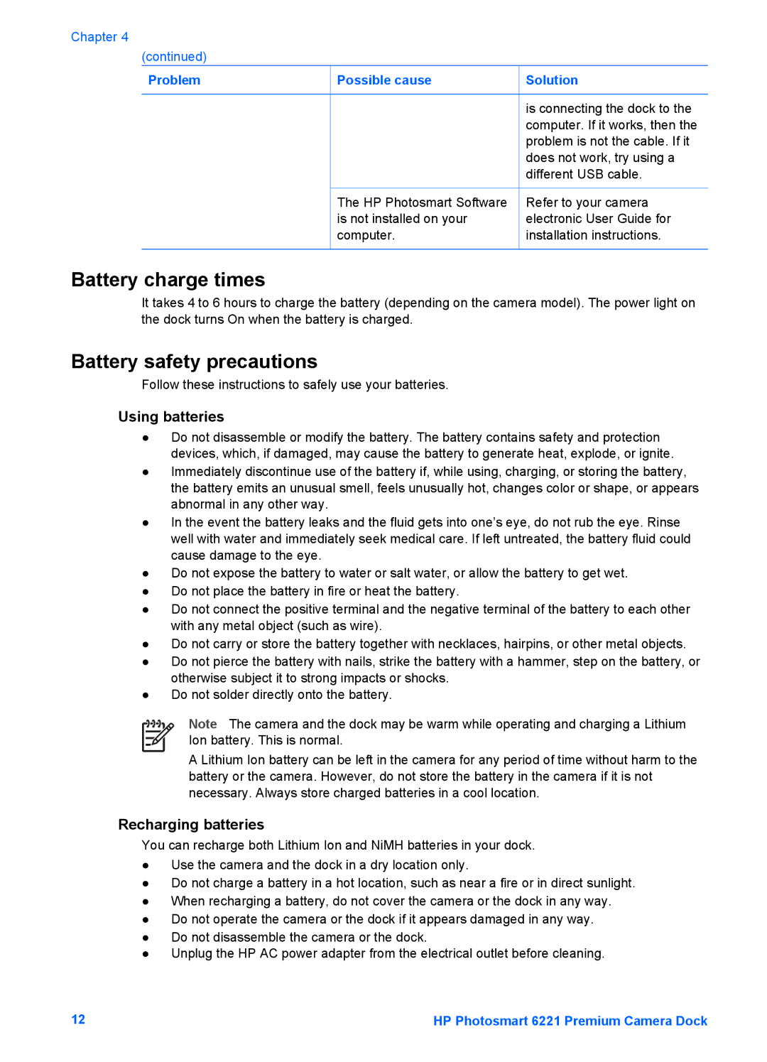 HP 6221 manual Battery charge times, Battery safety precautions 